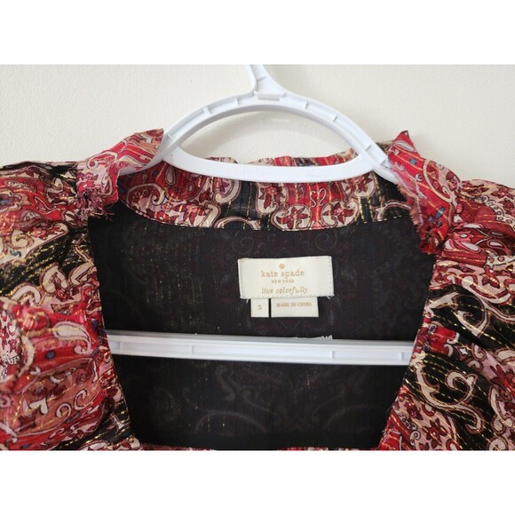 Kate Spade Womens Blouse Red Gold Black Long Sleeve Ruffles Sheer *FLAW* Size S - Picture 8 of 9